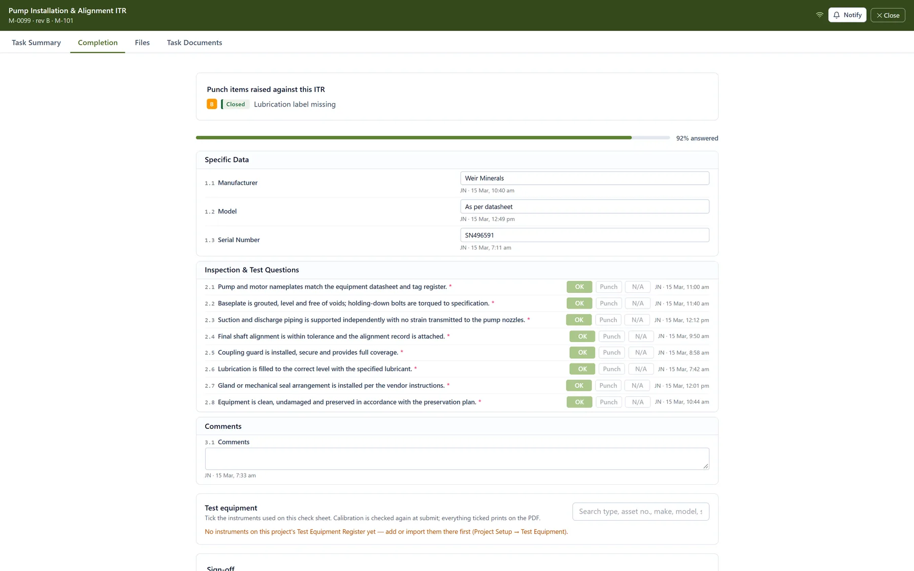 Sigma inspection and test record
