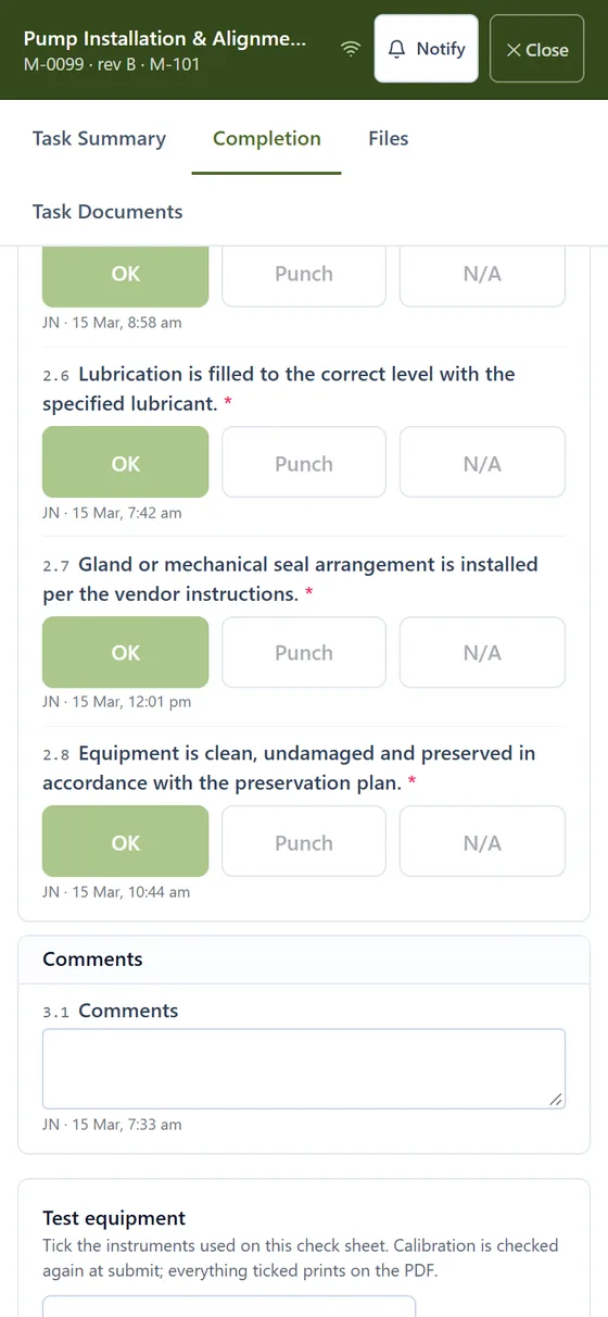 A Sigma check sheet on a phone: each check with its OK, Punch and N/A buttons