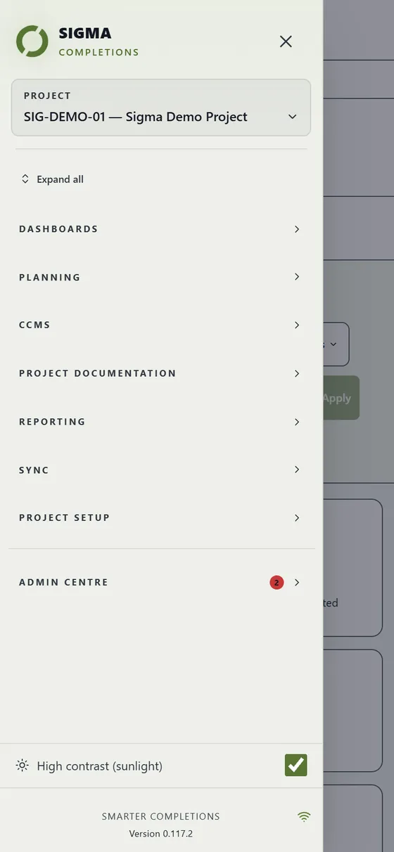 The Sigma menu on a phone, with the high-contrast switch