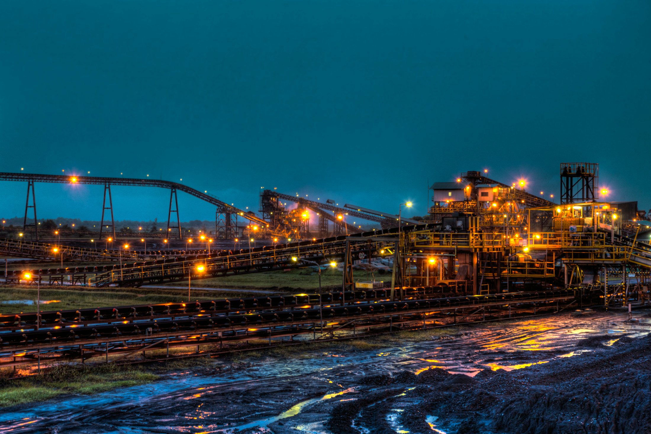A processing plant at night